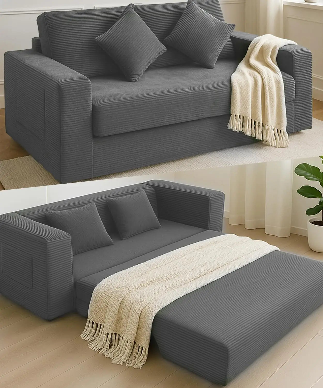 Foldable Sofa Bed 75 Inch Oversized Corduroy Upholstered Sleeper Couch