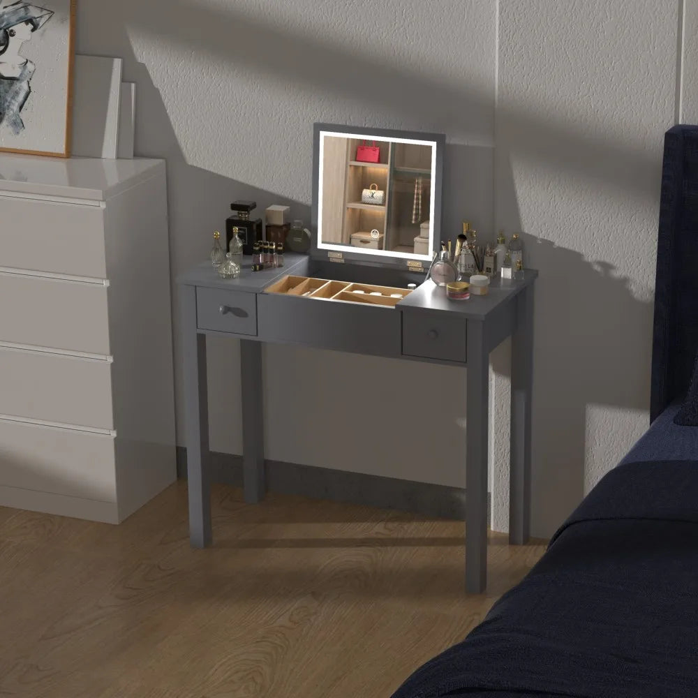 Elegant Black Vanity Table with LED Mirror and Jewelry Storage