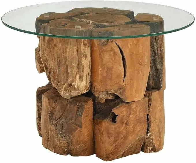Coffee Table Teak Driftwood Base Round Glass Top Handmade Modern Design