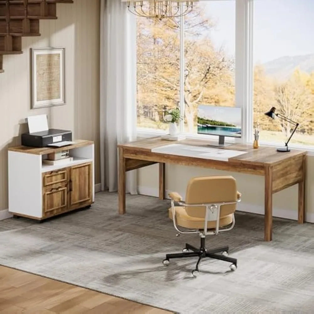L-Shaped Executive Desk with File Cabinet Home Office Computer Desk
