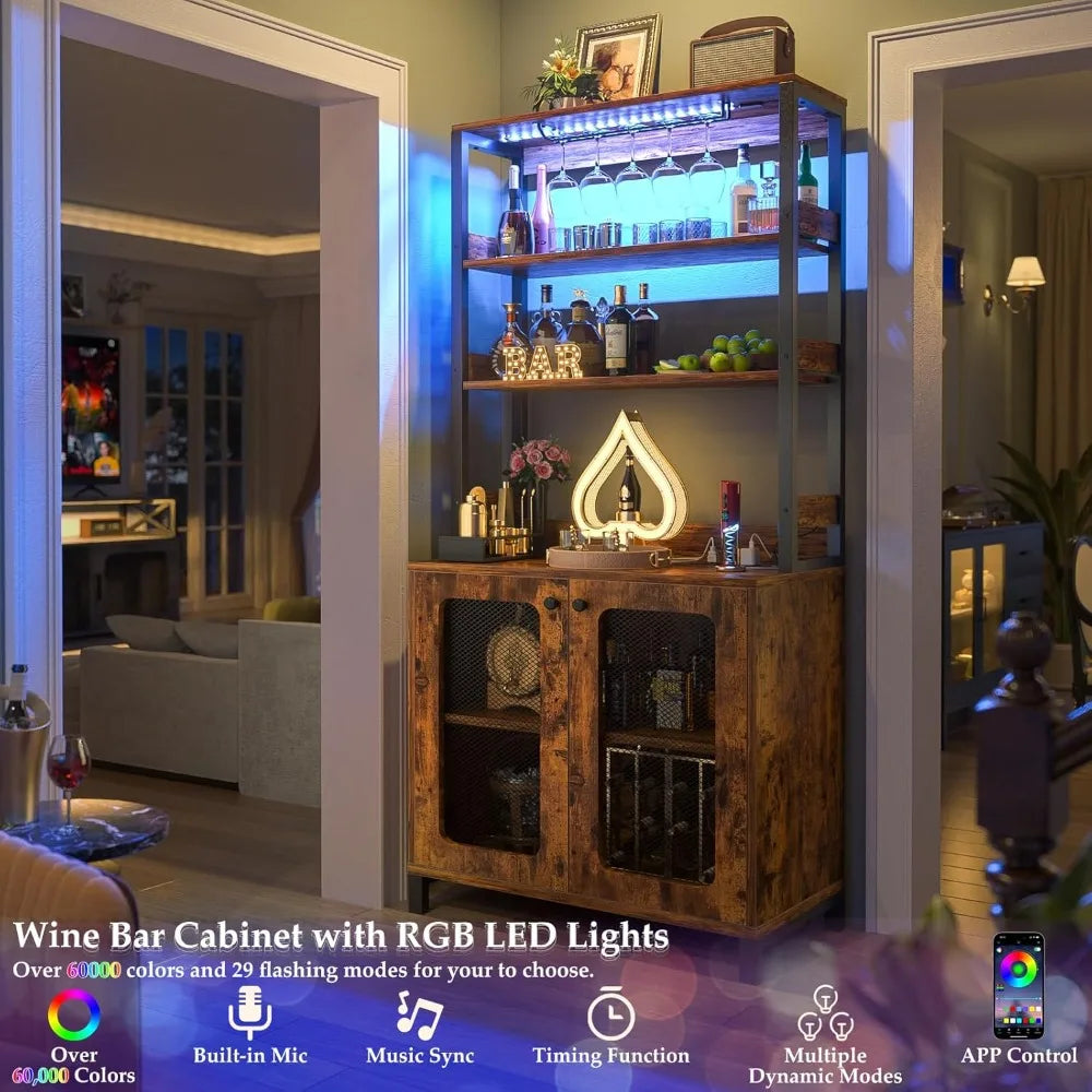 Bar Cabinet with Power Outlets LED Lights Wine Storage 67" Tall
