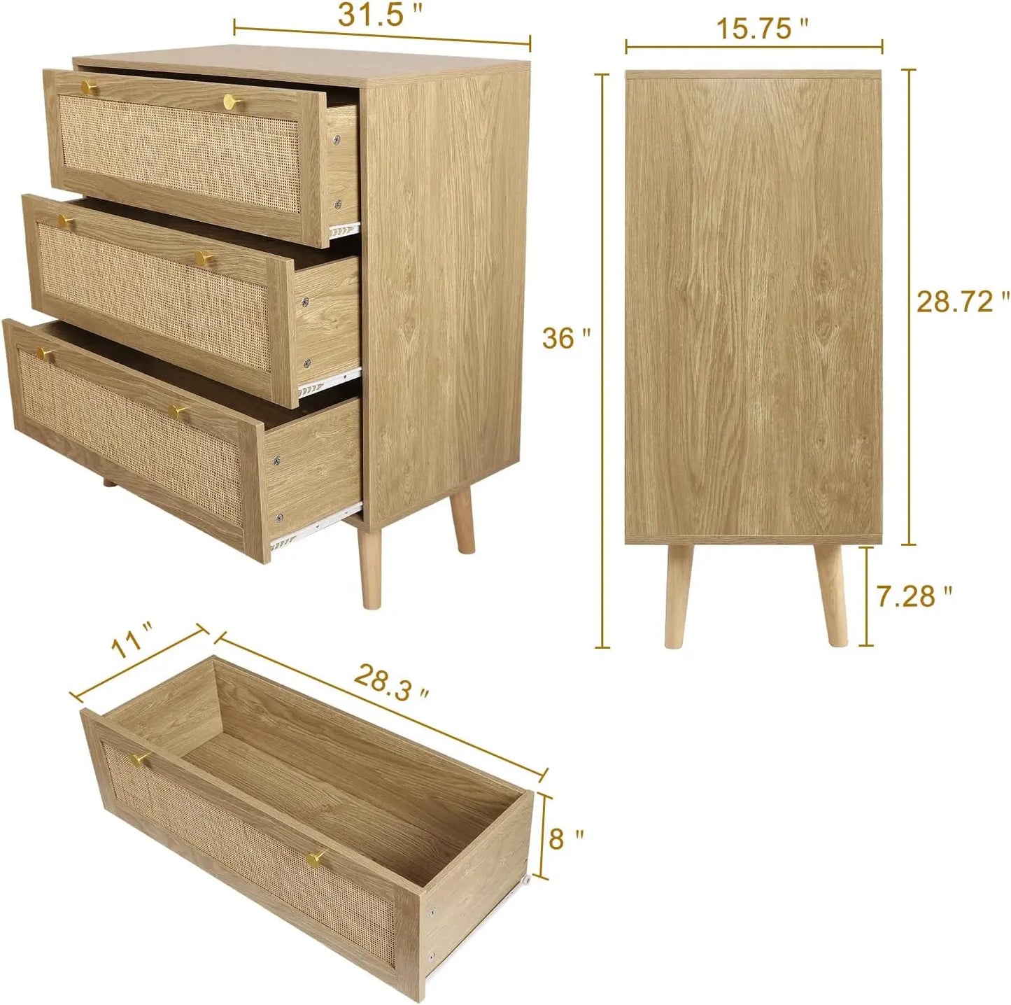 3 Drawer Dresser Rattan Chest of Drawers Modern Storage for Bedroom