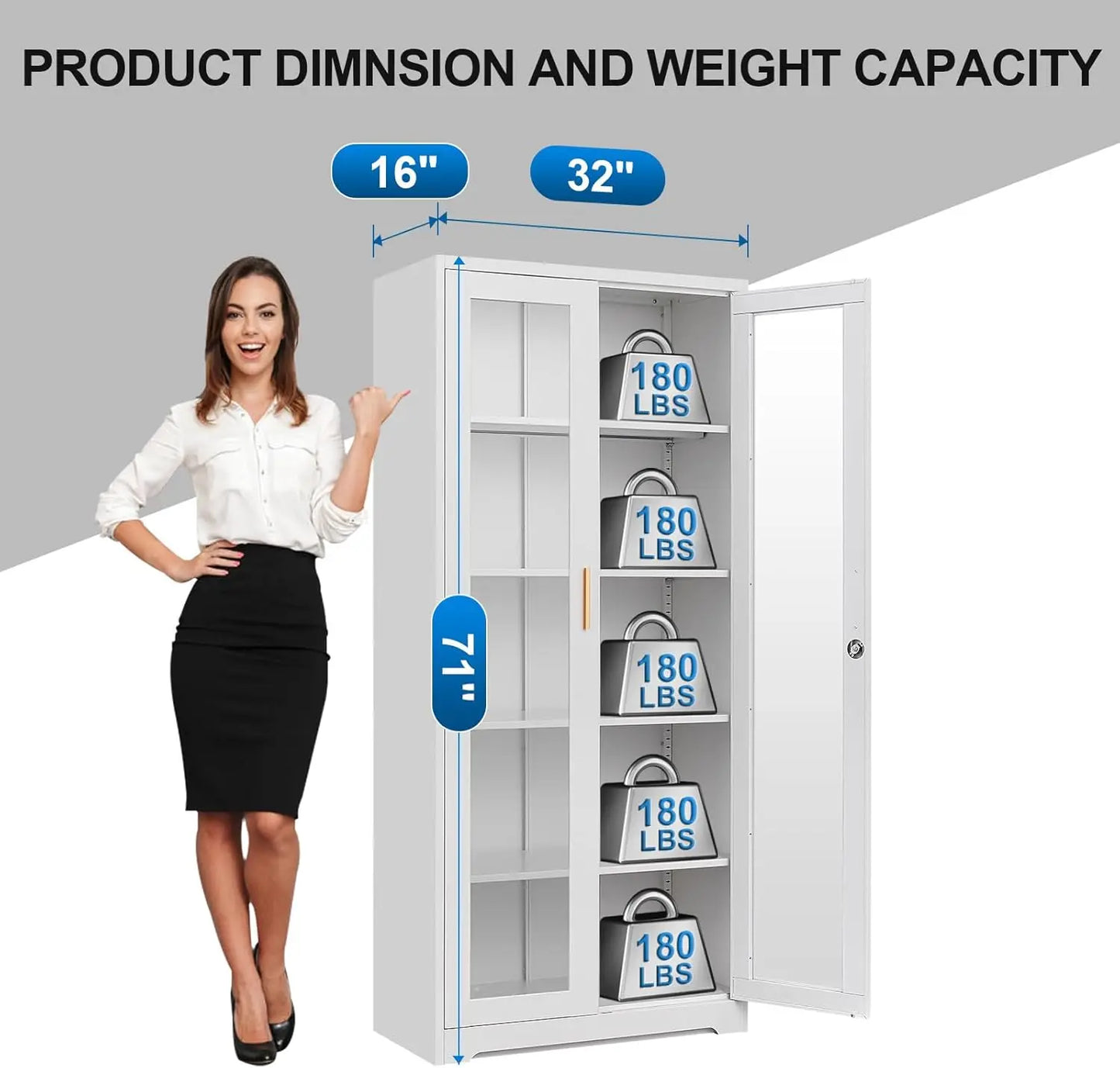 Display Cabinet Glass Doors Metal Curio Lock Shelves 71 Inch Tall Case