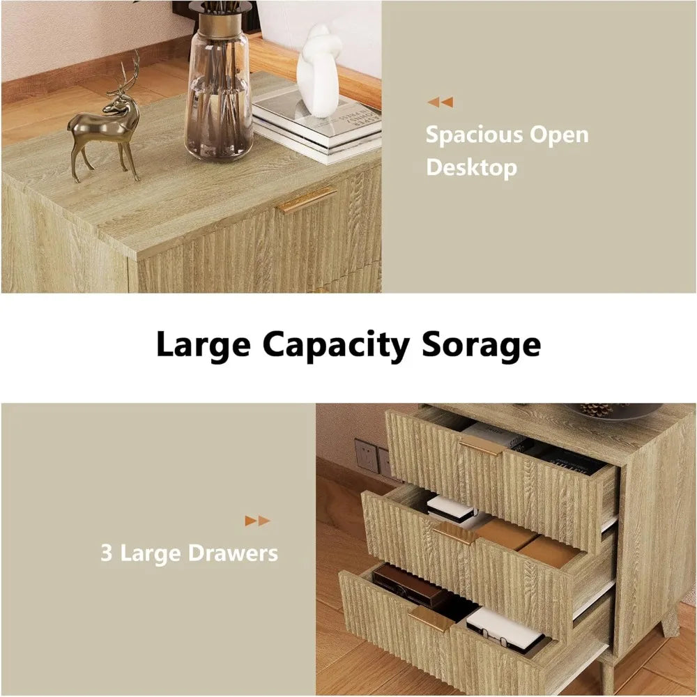 Mid Century Modern 3 Drawer Dresser Nightstand Storage Cabinet Set of 2