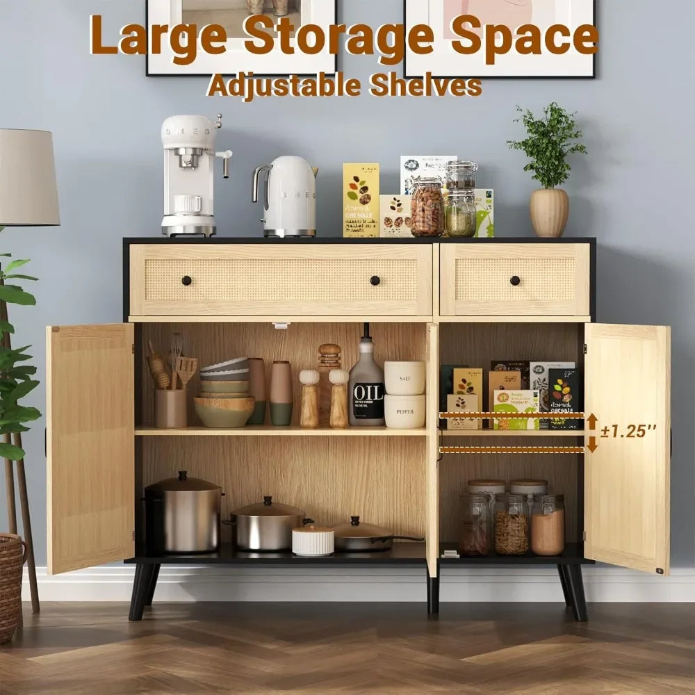 "Sideboard Buffet Storage Cabinet, Rattan Design with 2 Drawers & 3 Doors – Versatile Buffet Table for Kitchen, Dining & Living