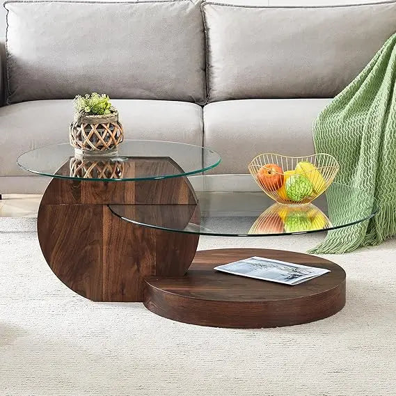 Modern 42 Inch Round Glass Coffee Table 3-Tier Wood Shelves Living Room