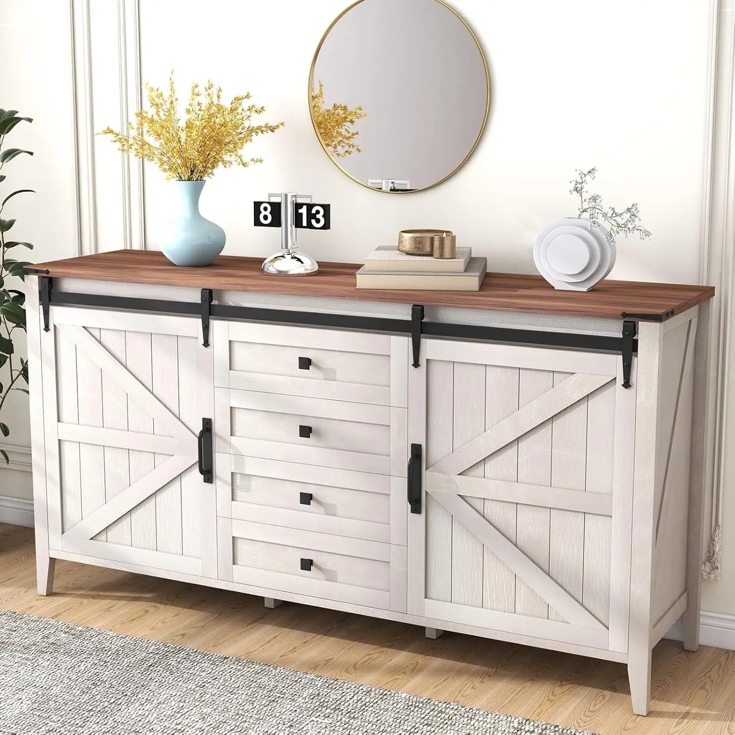 60 Inch Farmhouse Dresser 4 Drawers Rustic Chest of Drawers Bedroom