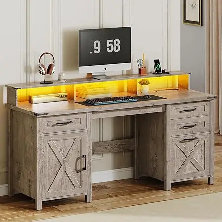 Farmhouse Executive Desk with Drawers LED Light Power Outlet Large