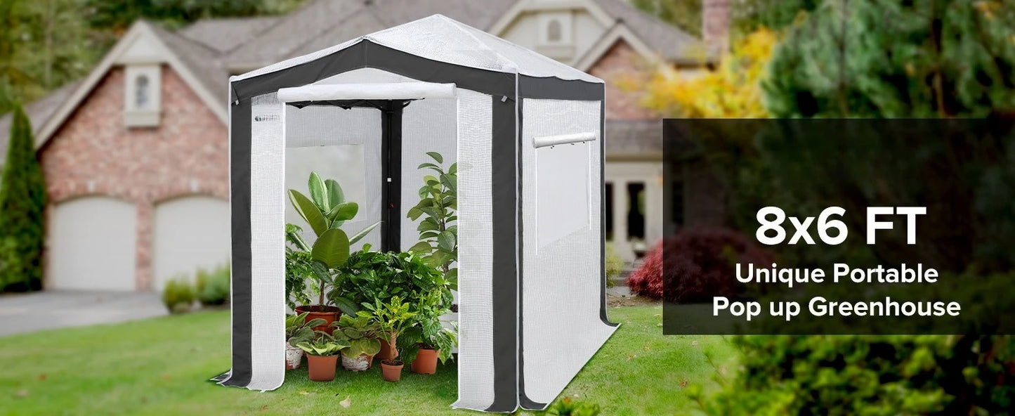 8x6 Portable Walk-in Greenhouse with Zipper Doors and Mesh Windows