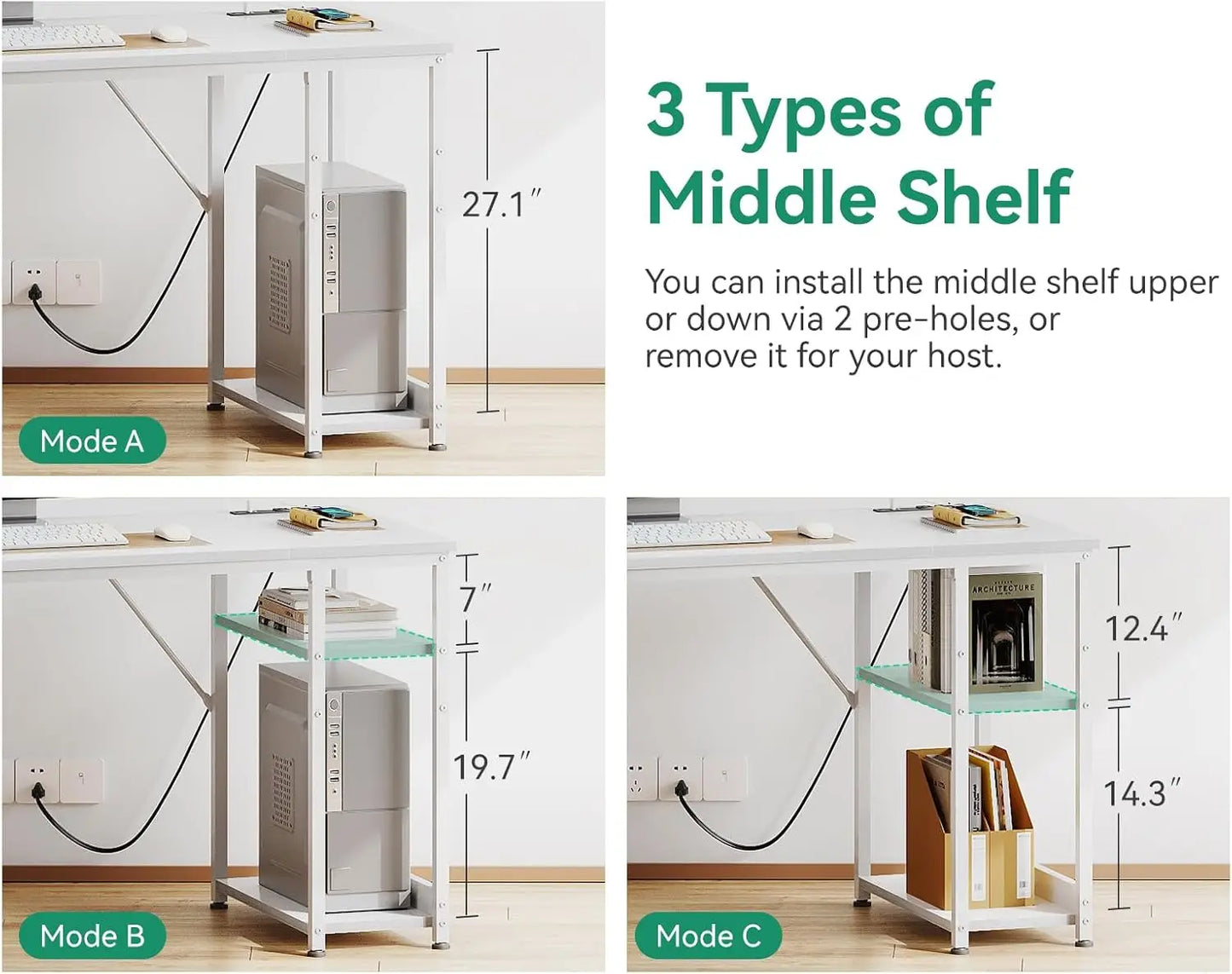 51 Inch Reversible Computer Desk with USB Power Outlets and Storage