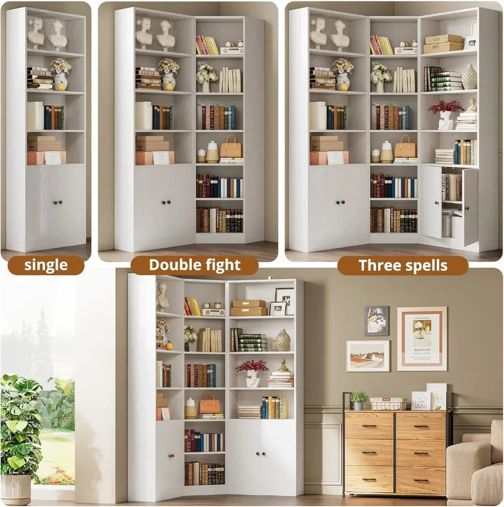 Ljustra Corner Bookshelf with 7 Adjustable Shelves and Storage Cabinets