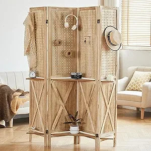 6 Panel Room Divider with Shelves Folding Privacy Screen Wood Decor