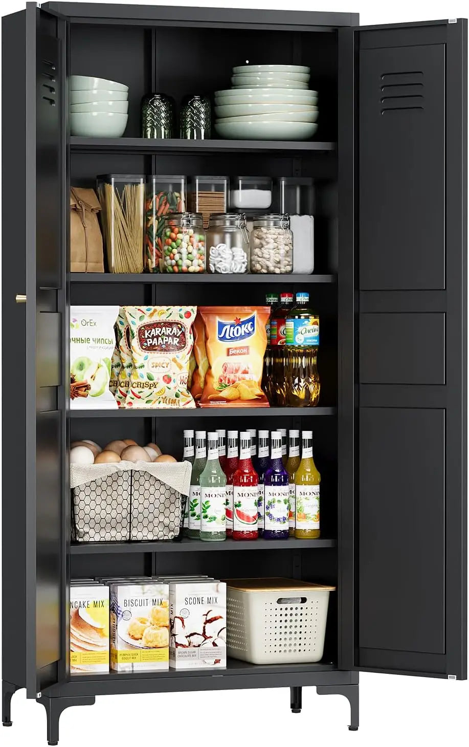 75 Inch Farmhouse Metal Storage Cabinet Adjustable Shelves Pantry Organizer