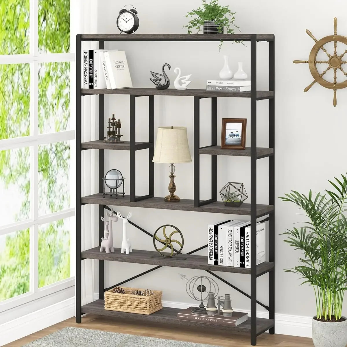 Tall Industrial Etagere Bookcase Modern Open 6 Tier Bookshelf Organizer