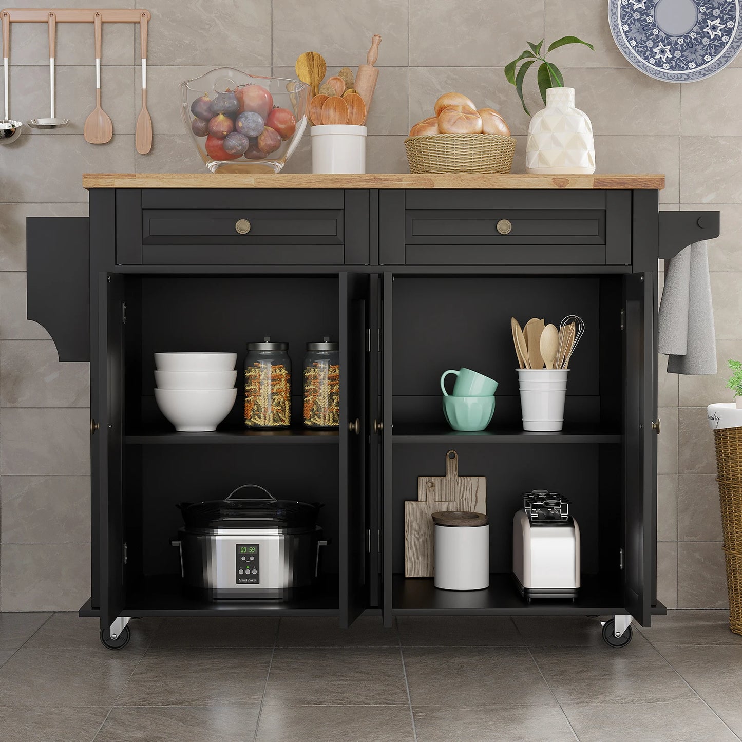 Rolling Kitchen Island on Wheels with Drop Leaf Storage Cabinet