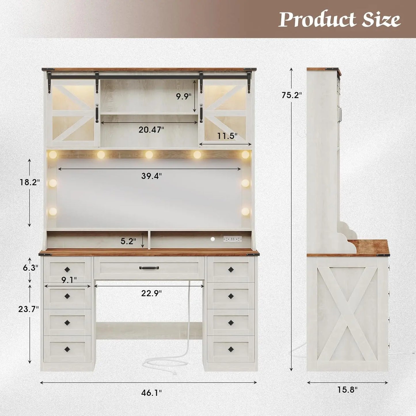 Farmhouse Makeup Vanity Desk with Mirror and RGB Lights 9 Drawer