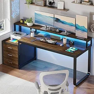 Ljustra 67 Inch Computer Desk with 3 Drawers and LED Light for Home Office