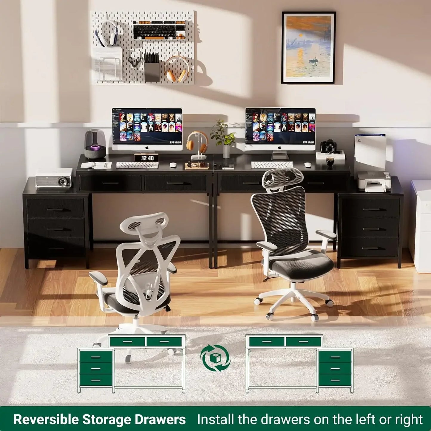 Reversible Computer Desk with 5 Drawers USB Ports Power Outlets