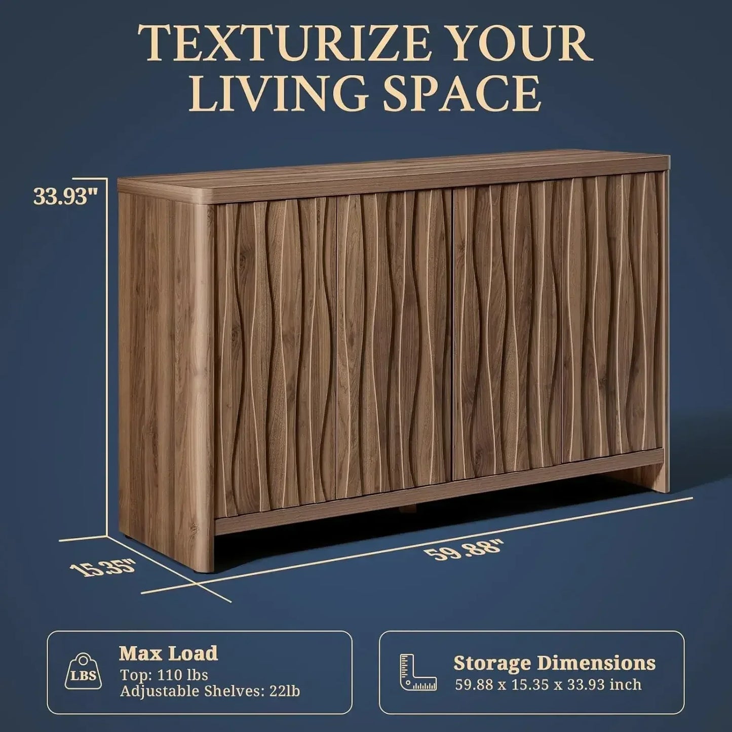 Cornwall Wave Pattern Storage Cabinet Buffet Kitchen Accent Cabinet
