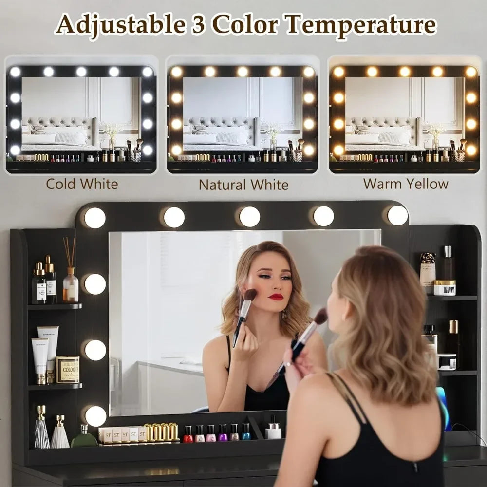 Large Makeup Desk with Lights Mirror Power Outlet 5 Drawers 2 Cabinets