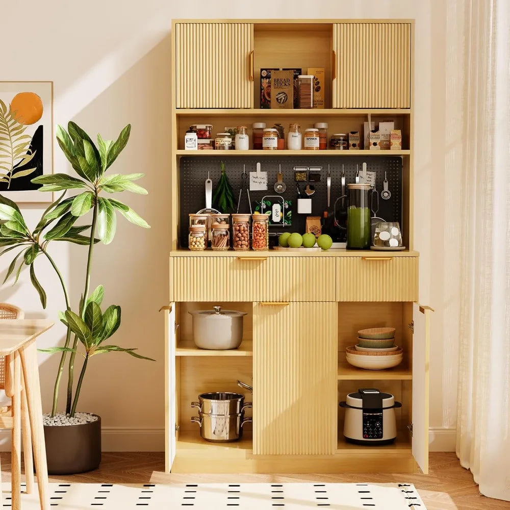 Kitchen Pantry Cabinet with Countertop Power Outlet Adjustable Shelves