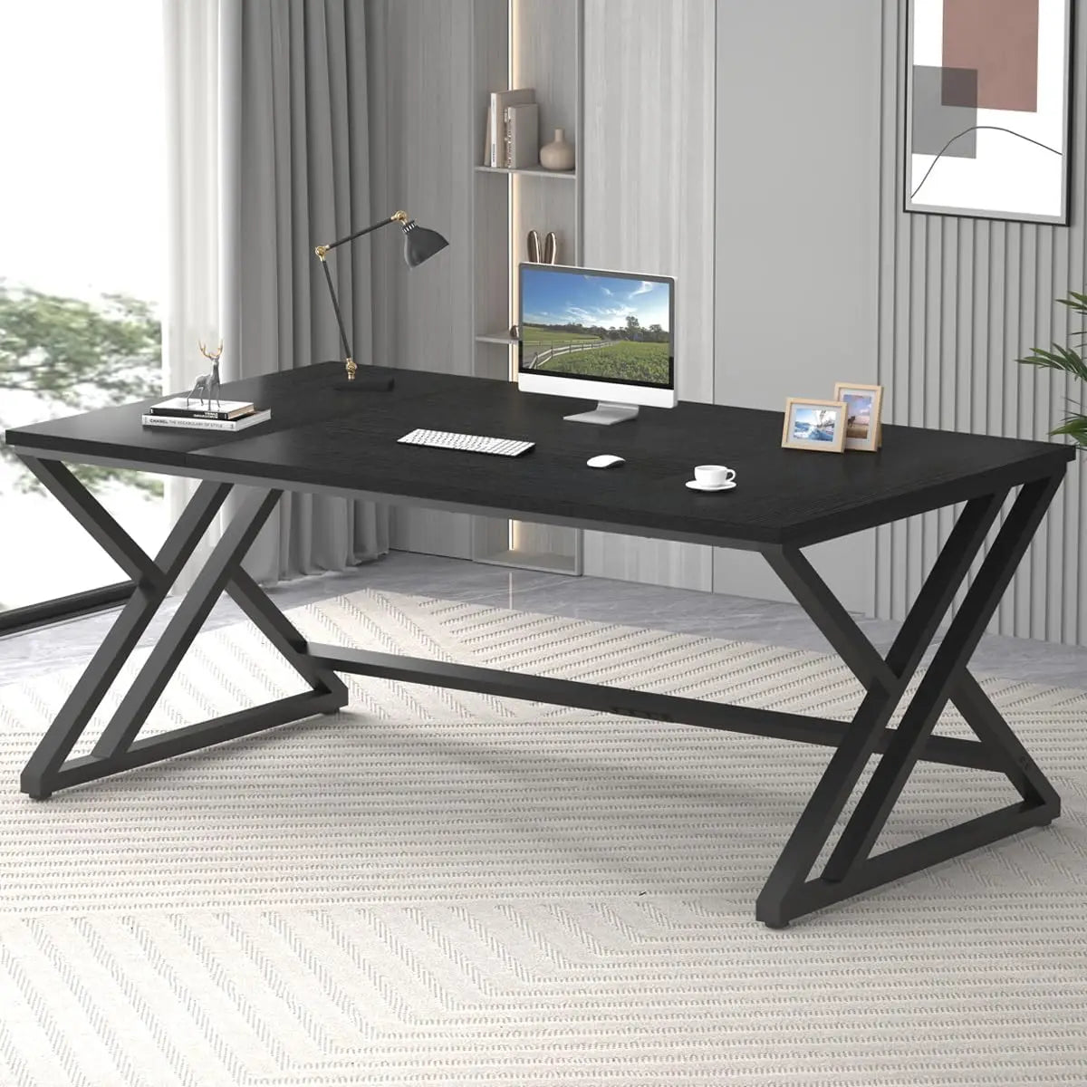 Modern Long Office Desk Large Wood Metal Computer Industrial Workstation