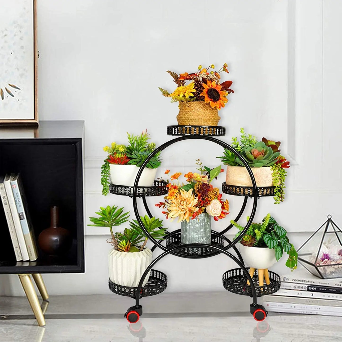 6 Tier Metal Plant Stand Rolling Flower Pot Rack Indoor Outdoor