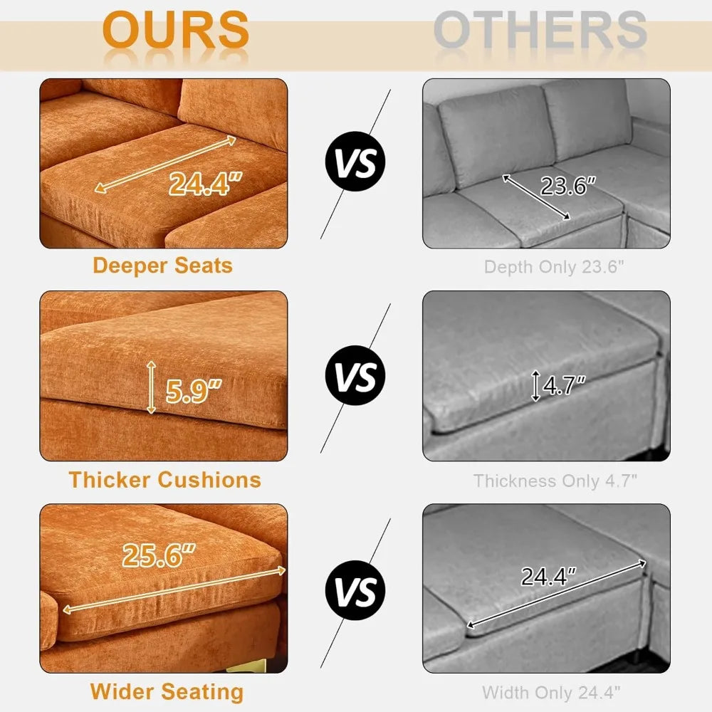 Ljustra Modern U-Shape Couch, 4-Seat Chenille Sectional Sofa, Burnt Orange, 110"