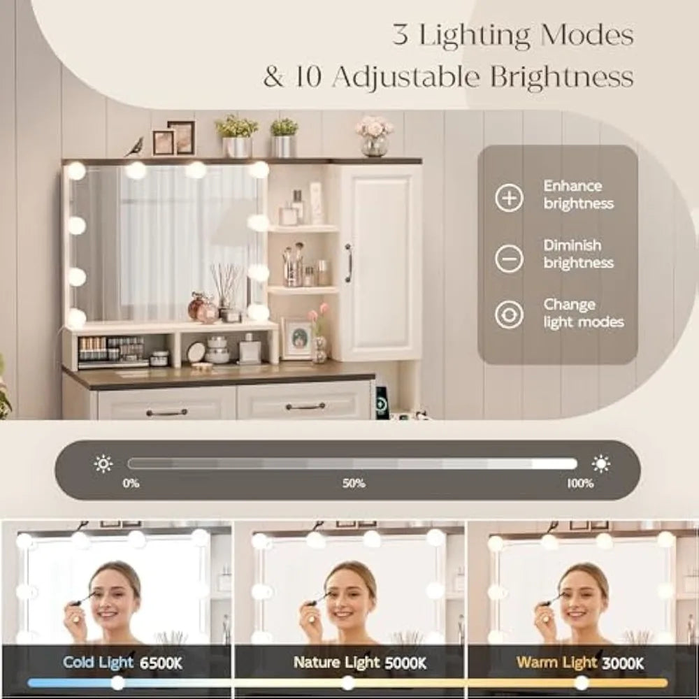 Makeup Vanity Desk with Mirror Lights Charging Station and Storage
