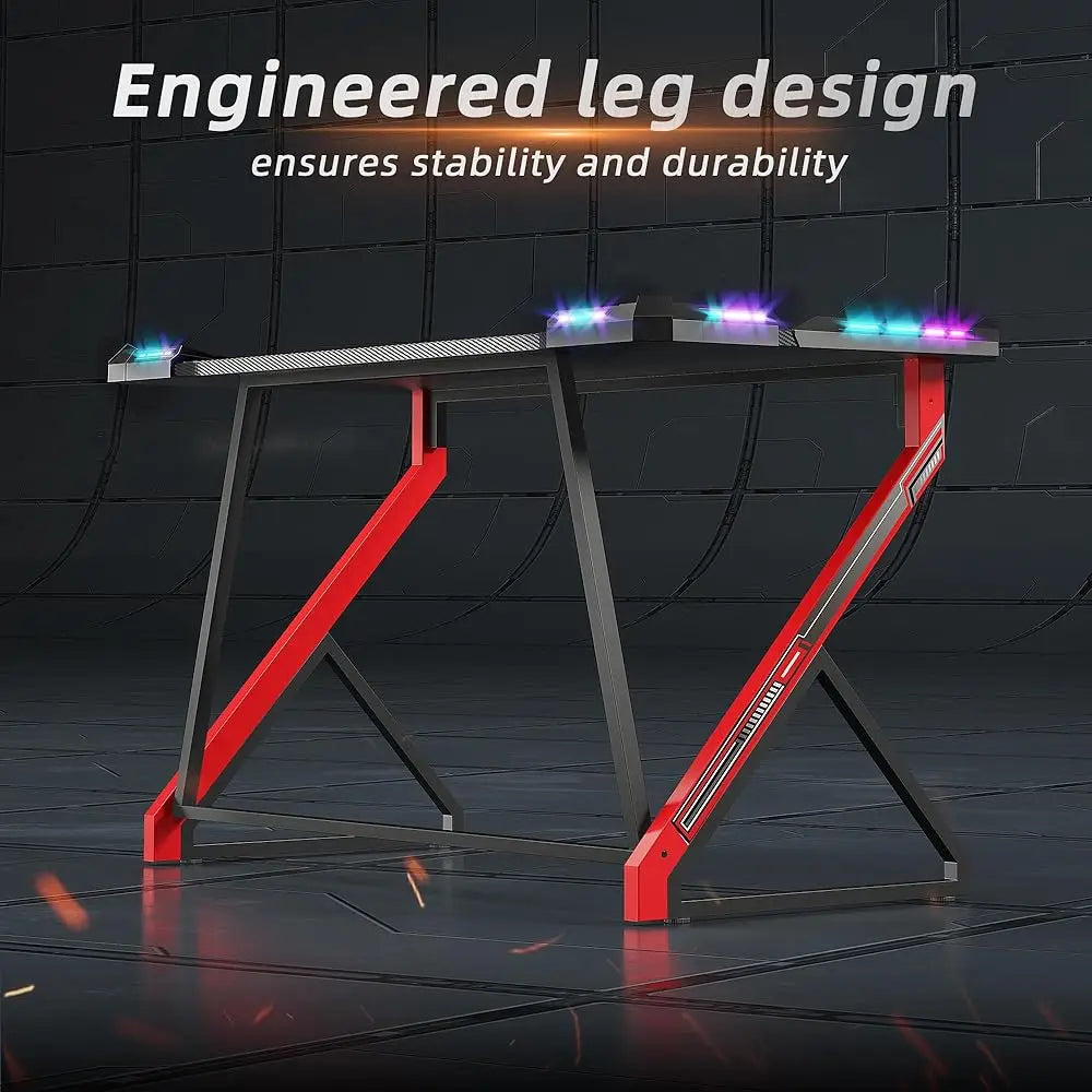 Gaming Desk With LED Lights Z Shaped Carbon Fiber Surface 40H Workstation