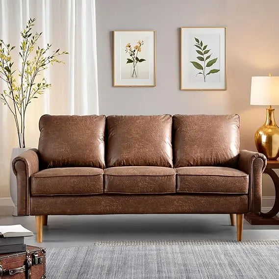 Luxury 3-Seater Suede Faux Leather Sofa Mid-Century Modern Couch