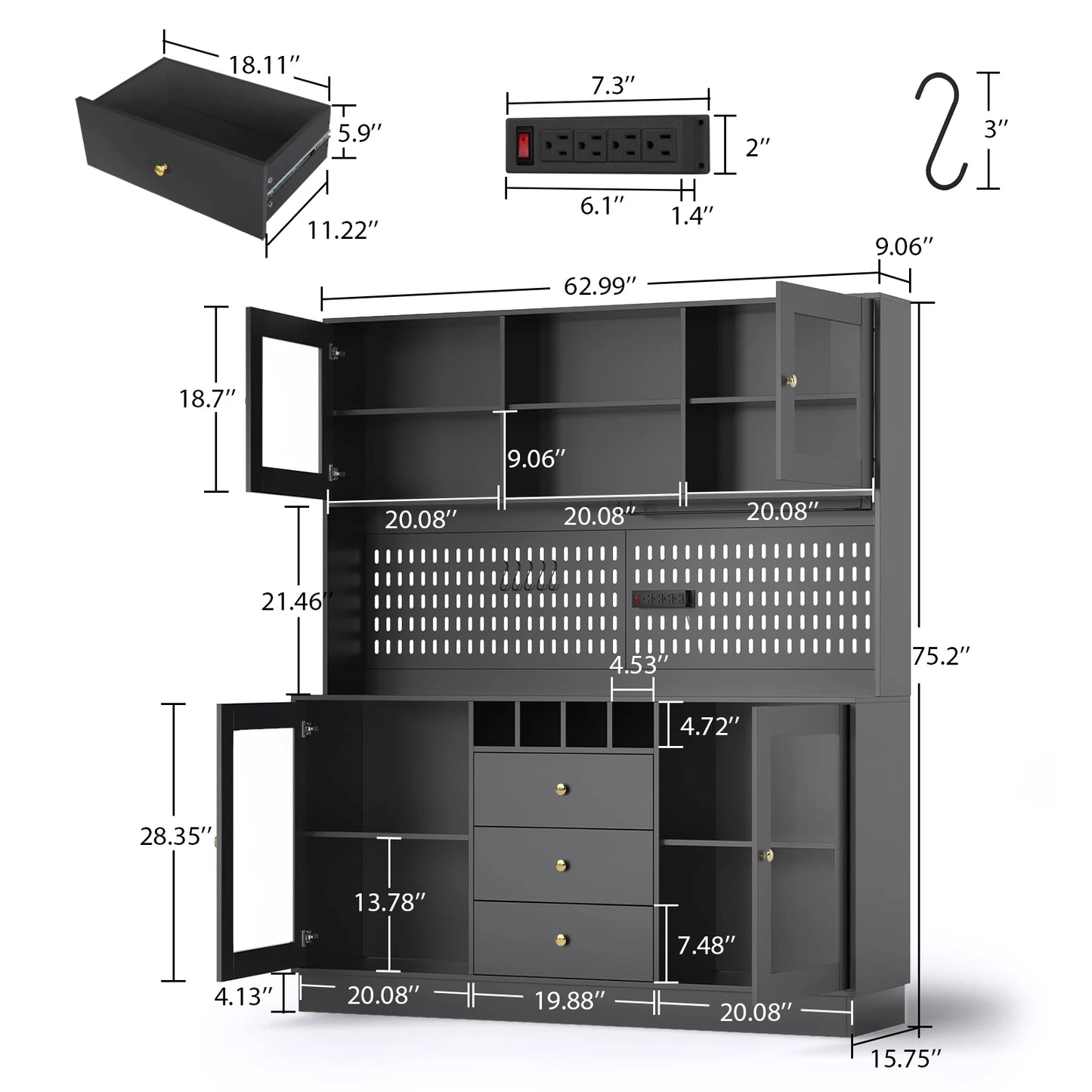 Pantry Cabinet Kitchen Storage Buffet Hutch with Pegboard Cup Holder