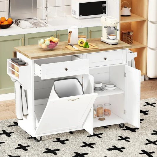 Large Kitchen Island with Drop Leaf Rolling Trash Cabinet on Wheels
