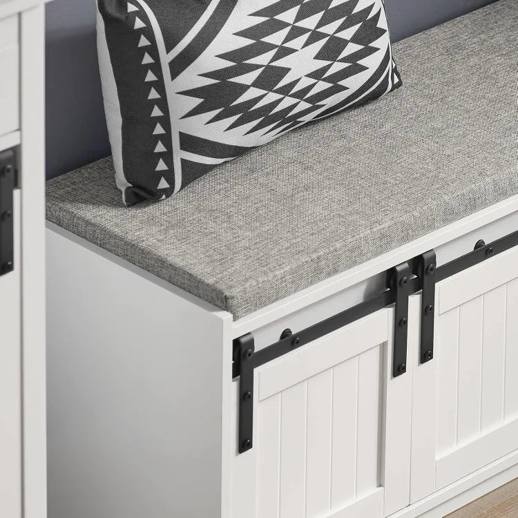 White Rustic Storage Bench with Sliding Barn Doors and Cushion