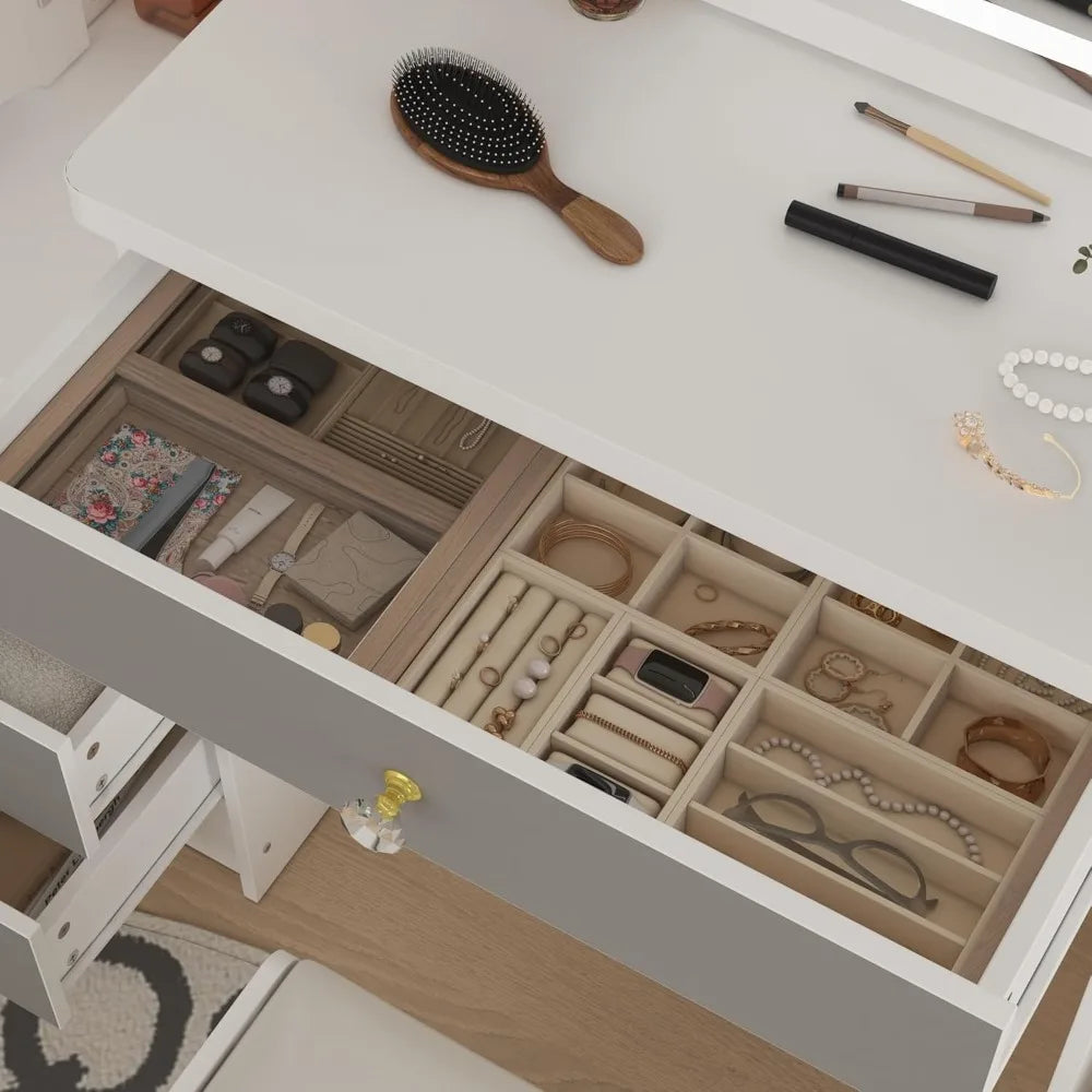 Vanity Desk Set with Sliding Lighted Mirror LED Makeup Table 3 Drawers