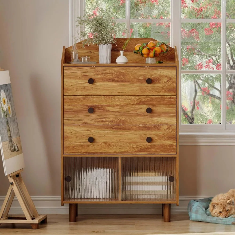 Modern Sideboard Buffet Cabinet with 3 Drawers and Fluted Glass