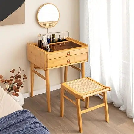 Bamboo Makeup Vanity Table with Stool Rotating Mirror 2 Drawers