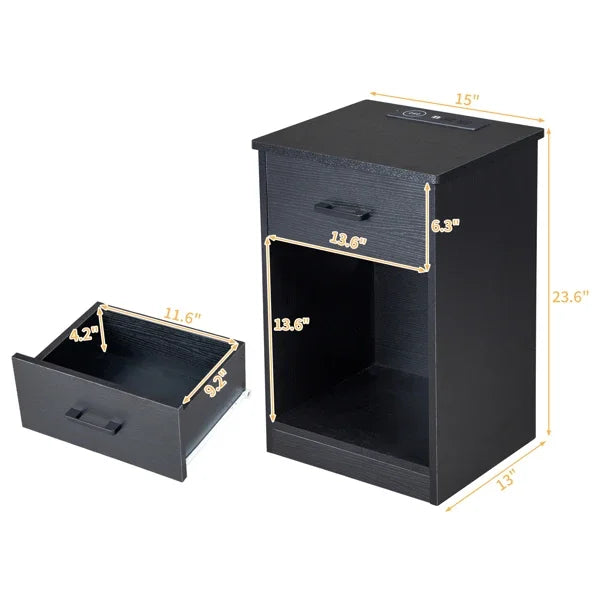 Modern LED Bedside Table with Drawer and USB Charging Black