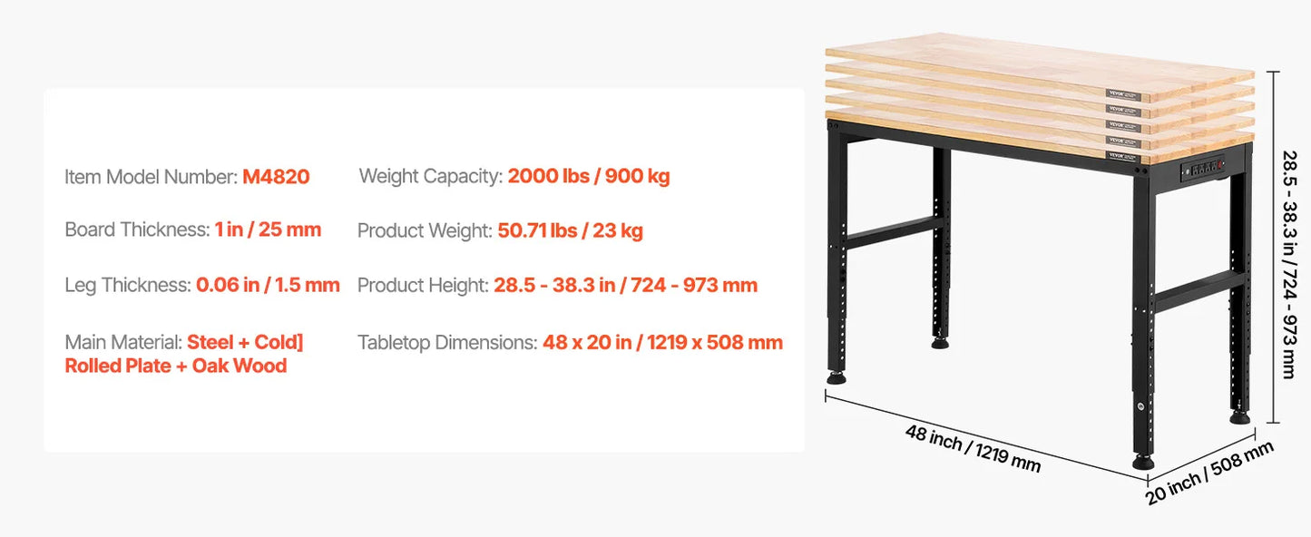 Ljustra Adjustable Workbench Heavy Duty Woodworking with Power Outlets