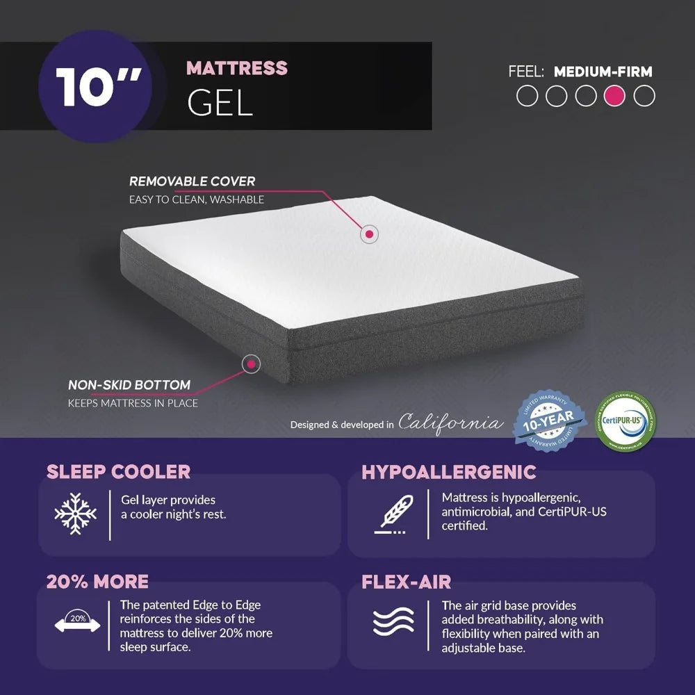 Ljustra King Mattress Medium Firm 10 Inch Cool Gel Memory Foam