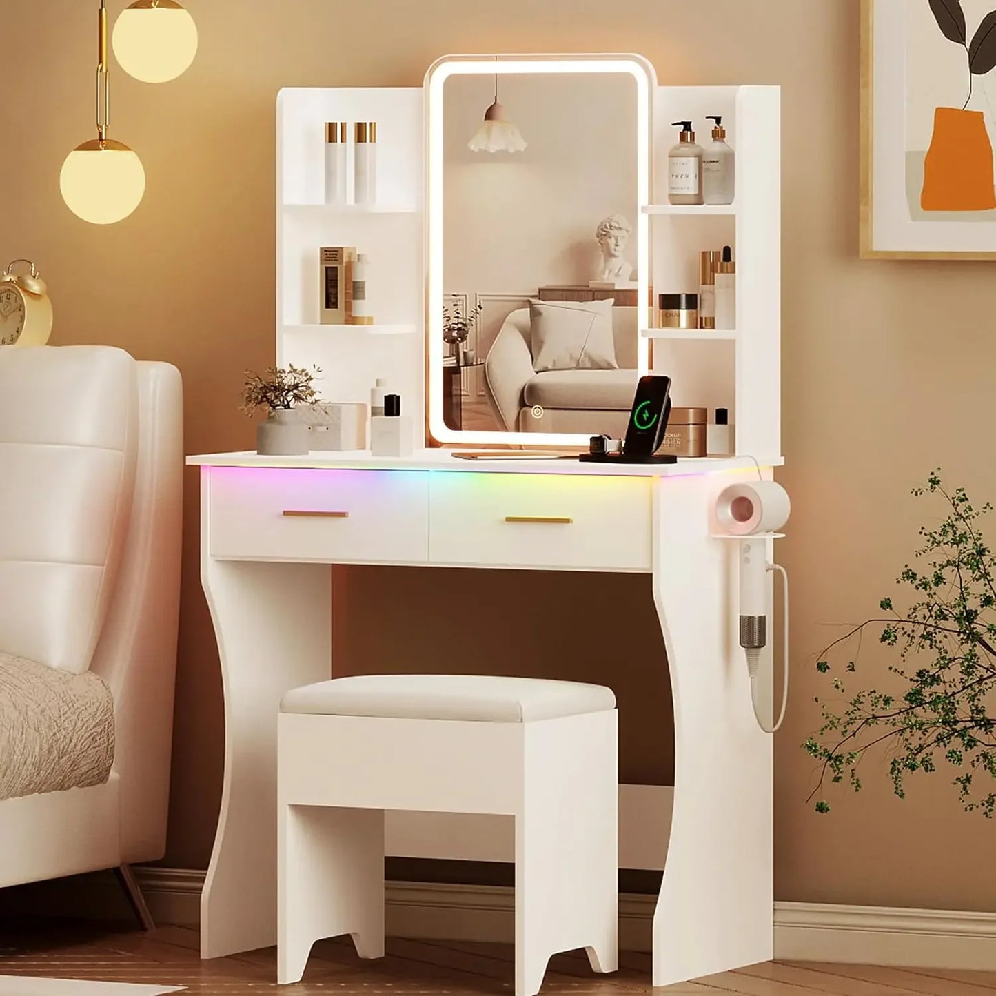 LED Makeup Vanity Desk with Mirror and Storage Drawers Chair Set