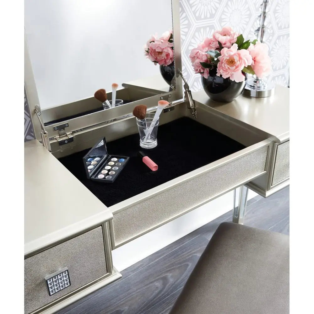 Luxury Mirrored Vanity Desk Set with Stool and Drawer Storage for Bedroom