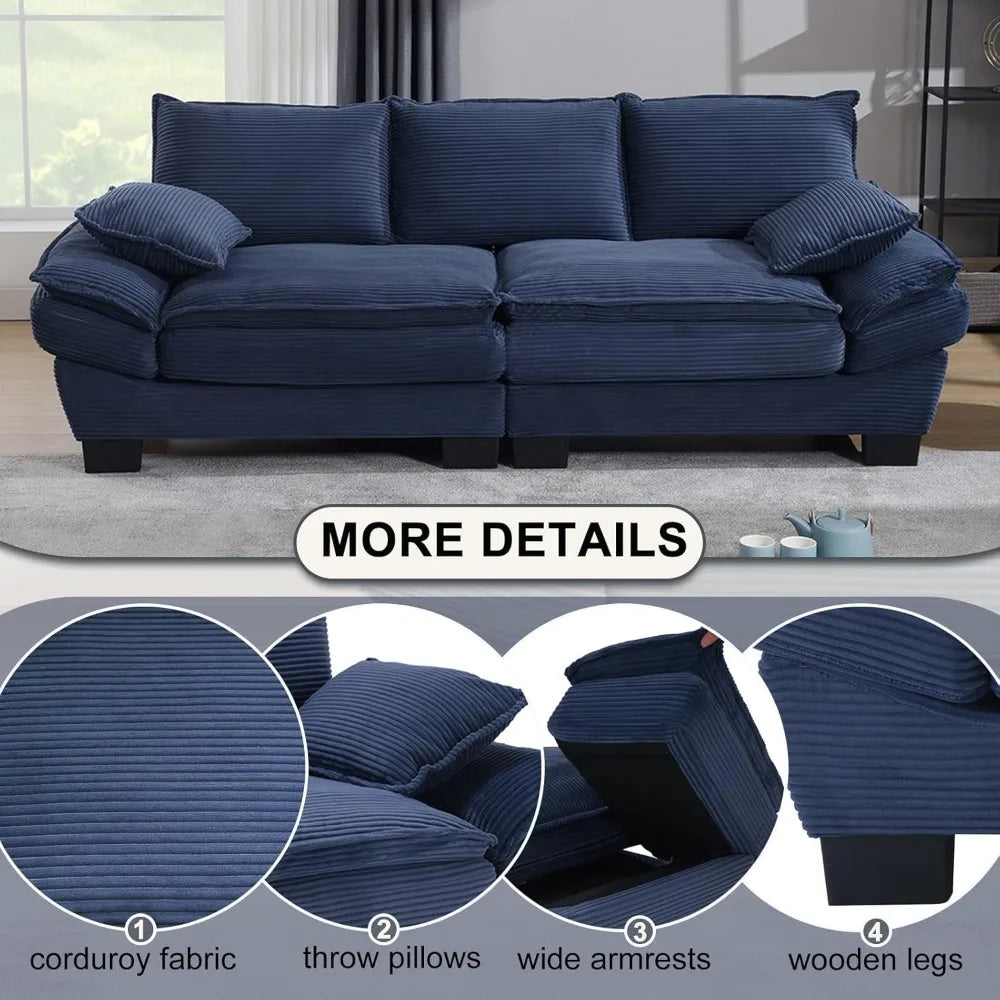 90” Blue Corduroy Oversized Loveseat Sofa Deep Seat Couch Modern Living Rooms
