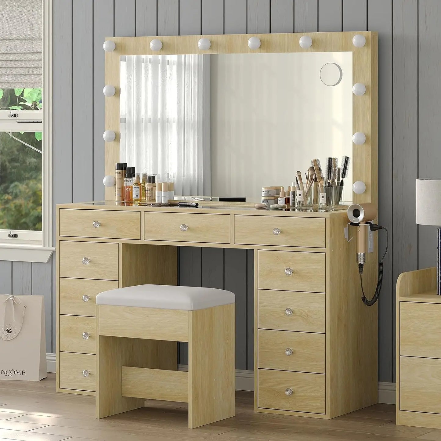 Ljustra Vanity Desk with LED Lights Makeup Table 11 Drawers Mirror Power Outlet
