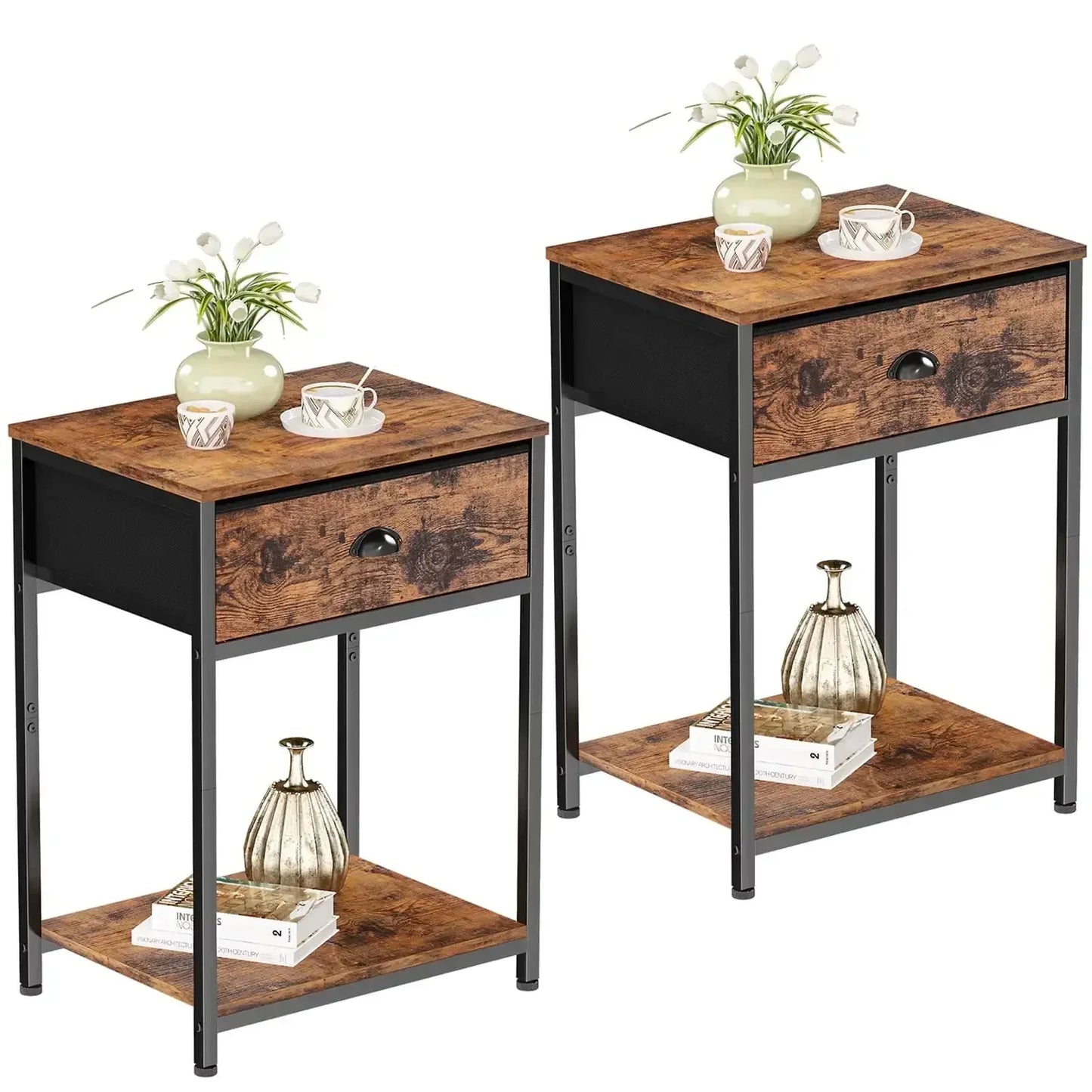 Nightstands Set of 2 Industrial End Table with Drawer and Storage Shelf