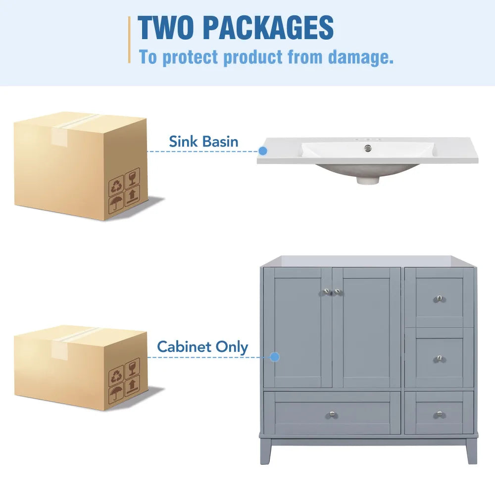 36 Inch Modern Bathroom Vanity with USB Charging and Ample Storage