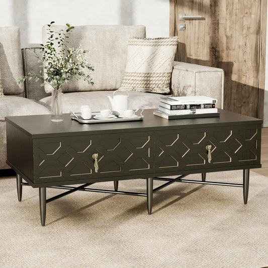 Mid Century Modern Fluted Wooden Coffee Table with Storage for Living Room