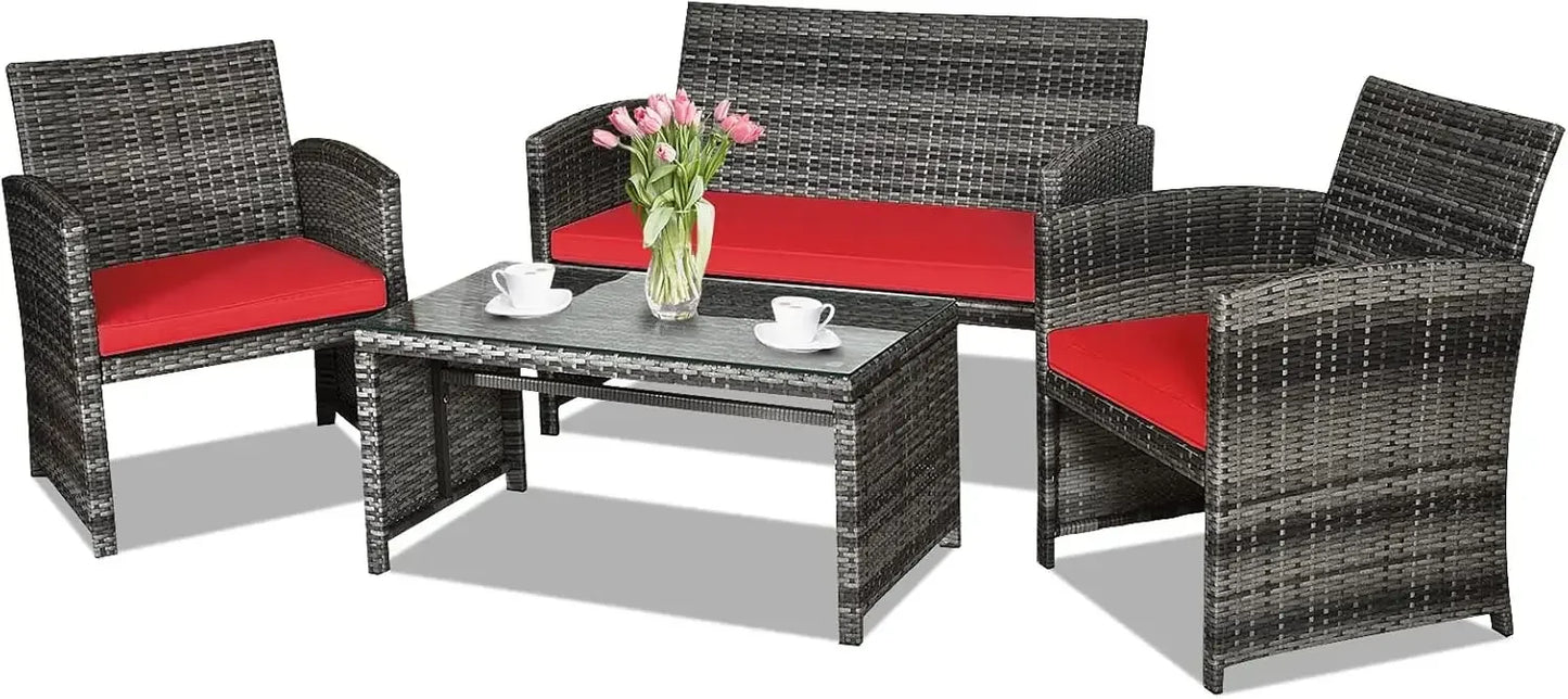 4-Piece Rattan Patio Furniture Set Outdoor Wicker Sofa Coffee Table
