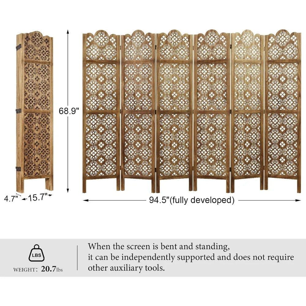 68.9 Inch Folding Room Divider 6 Panels Wood Carved Privacy Screen