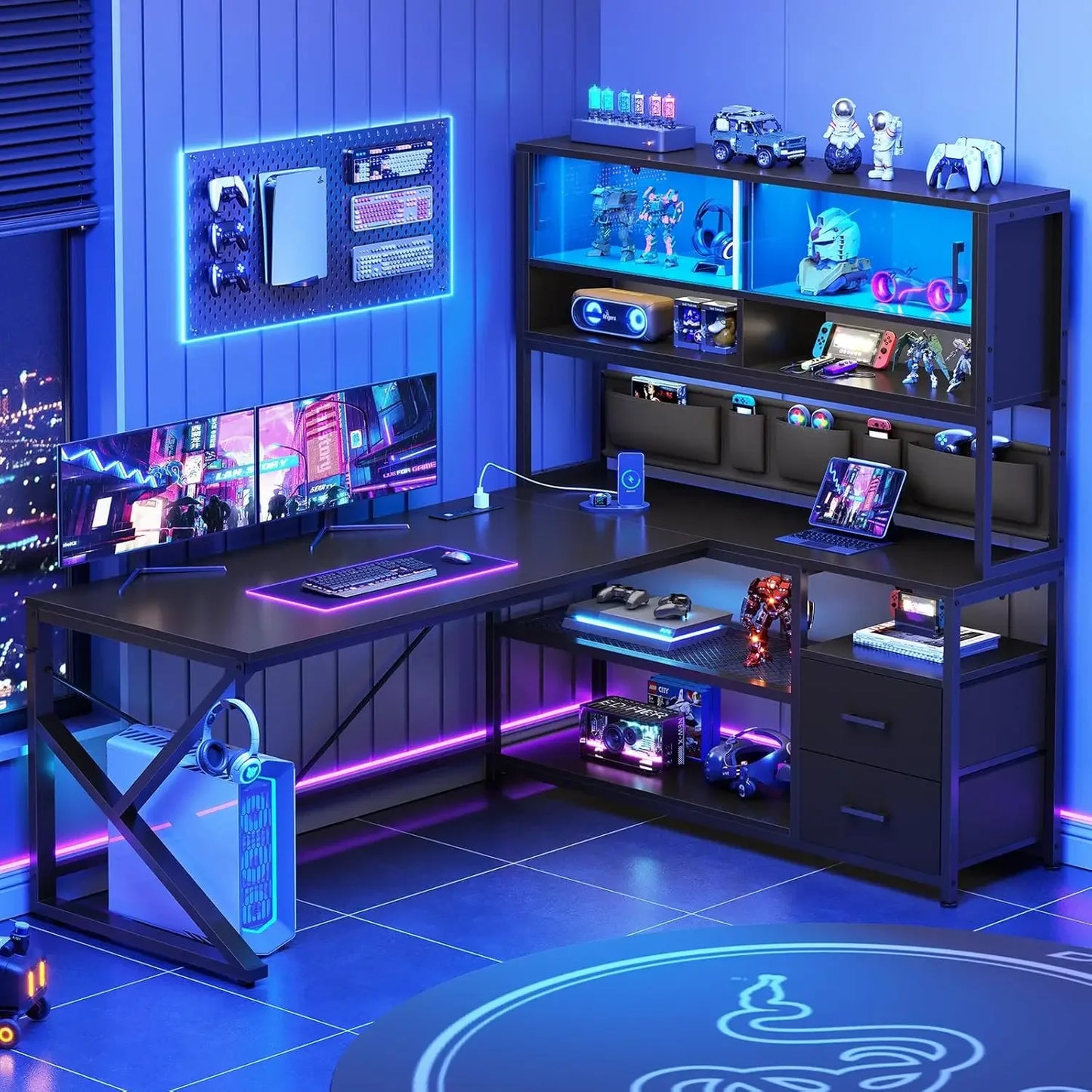 L Shaped Gaming Desk with LED Light 2 Drawers Bookshelf Corner Desk